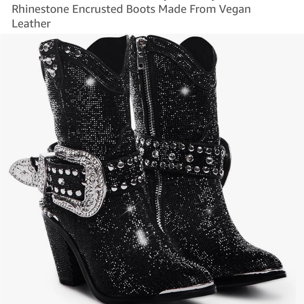Black Heeled Boots with Rhinestone Embellishments